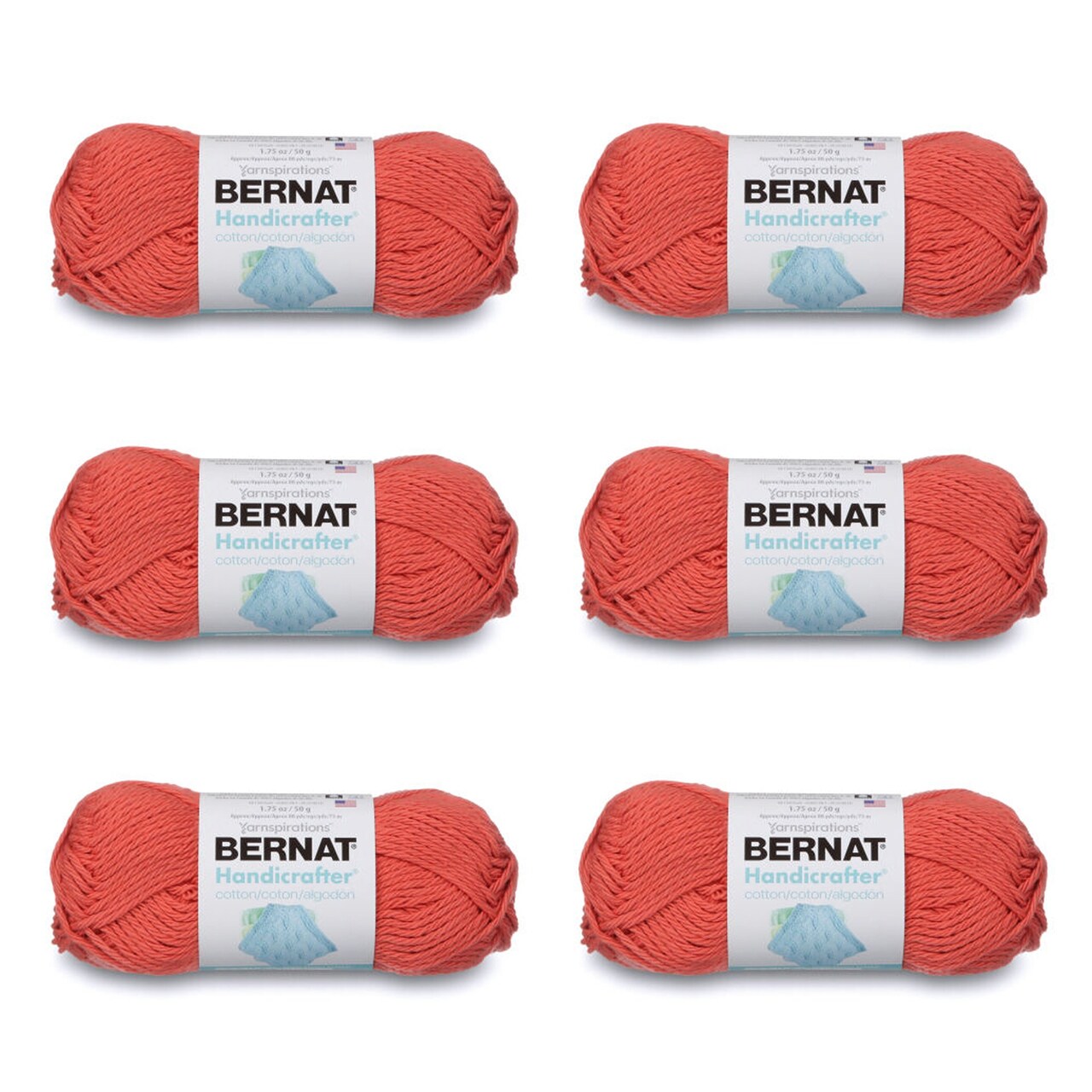 Bernat Handicrafter Cotton Tangerine Yarn - 6 Pack of 50g/1.75oz - Cotton - 4 Medium (Worsted) - 80 Yards - Knitting/Crochet